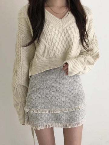 Japanese Sweet Lace Up Knit Sweater Women Cute Sexy Back Irregular V-neck Loose Long Sleeve Cropped Sweater Pullover